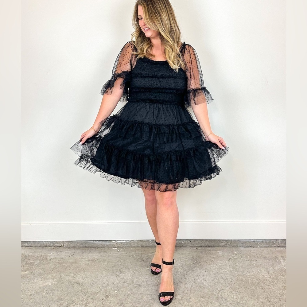 White Birch Black Swiss Dot Tulle Mini Dress M Smocked Ruffle Romantic Goth NWT - Picture 3 of 13